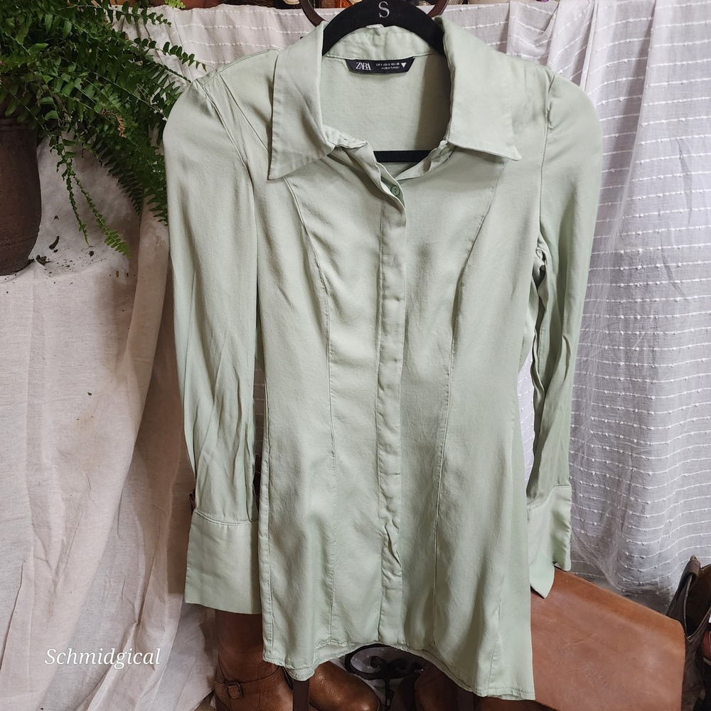 Zara Sage Green Long Sleeve Button Down Corset Seam Viscose Shirt Small